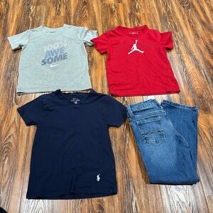 Boys 6 / 7 Nike Red & Gray Kids T-Shirts Wrangler Jeans Ralph Lauren Navy Top